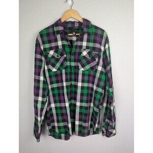 Element Shirt Mens Large Green Purple Black Plaid Flannel Long Sleeve Casual